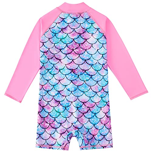 PythJooh Girls' One-Piece Long Sleeve Swimming Costumes 3D Printed Zipper Sun Protection Swimsuit Rash Guards for 4-12Years