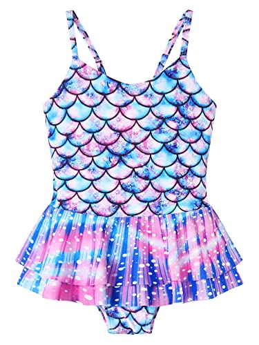 AmzBarley Mermaid Swimming Costume Girls One Piece Swimsuit Little Kids Fish Scale 3D Printed Swimwear Ruffle Skirt Leotard Children Swim Wear Bathing Suit Beachwear Age 5-6 Years Size 120