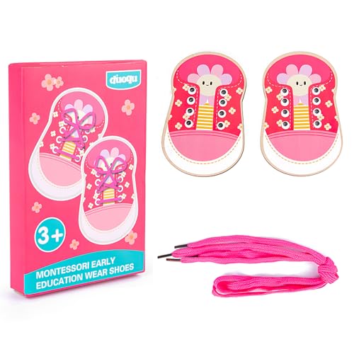 Wooden Lacing Shoe, One Pair Toddler Kids Shoelace Threading Teaching Motor Skills Toys Set Fun Early Shoe Lace Aid Lacing Shoes Educational Tool for Young Children to Practice Tie Their Shoes (Red)