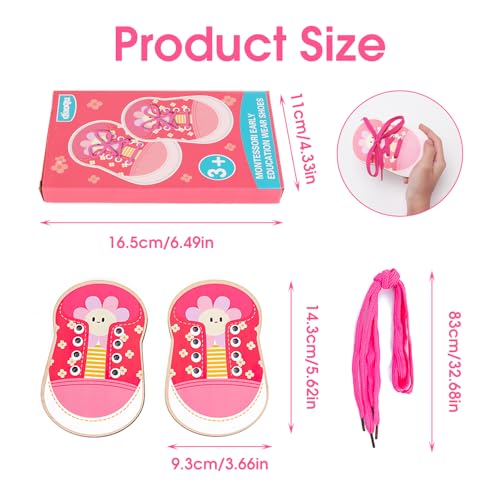 Wooden Lacing Shoe, One Pair Toddler Kids Shoelace Threading Teaching Motor Skills Toys Set Fun Early Shoe Lace Aid Lacing Shoes Educational Tool for Young Children to Practice Tie Their Shoes (Red)