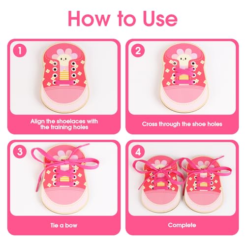 Wooden Lacing Shoe, One Pair Toddler Kids Shoelace Threading Teaching Motor Skills Toys Set Fun Early Shoe Lace Aid Lacing Shoes Educational Tool for Young Children to Practice Tie Their Shoes (Red)