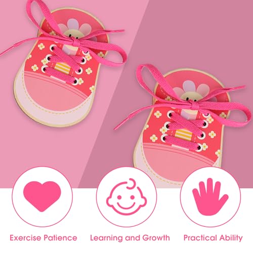 Wooden Lacing Shoe, One Pair Toddler Kids Shoelace Threading Teaching Motor Skills Toys Set Fun Early Shoe Lace Aid Lacing Shoes Educational Tool for Young Children to Practice Tie Their Shoes (Red)