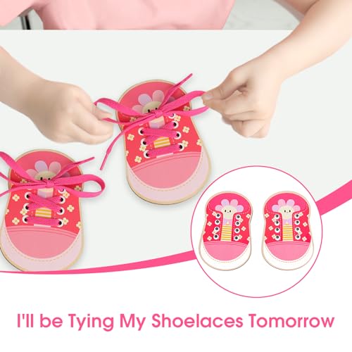 Wooden Lacing Shoe, One Pair Toddler Kids Shoelace Threading Teaching Motor Skills Toys Set Fun Early Shoe Lace Aid Lacing Shoes Educational Tool for Young Children to Practice Tie Their Shoes (Red)