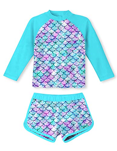 TUONROAD Swimming Set Girls 2 Piece Swimsuit Kids Long Sleeve Beachwear UPF 50+ Protection Swimwear for 7-8 Years Colorful Scales