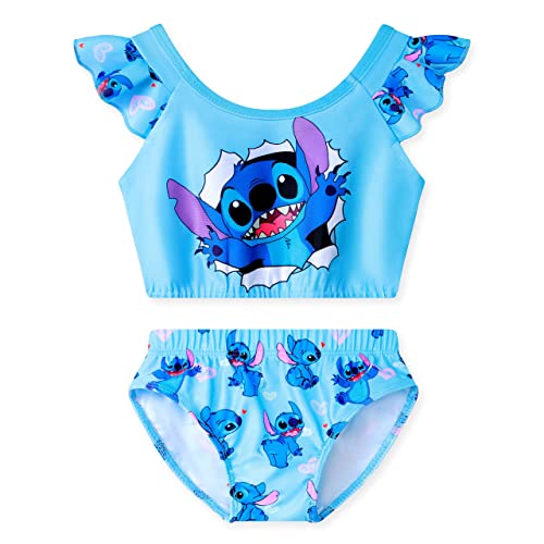 Stitch Girls Swimming Costume Two Piece Ruffle Sleeve Princess Swimsuit Swimwear for Girls 6-10 Years Blue