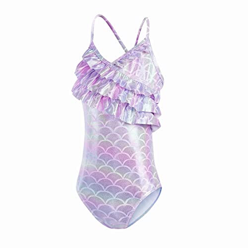 flintronic-Girl's Swimsuits, Hawaiian Bathing Suit Elastic, Bright Colorful Mermaid One Piece Swimming Costume, Shiny Fish Scale Girls Swimming Costume, Ruffle Swimwear