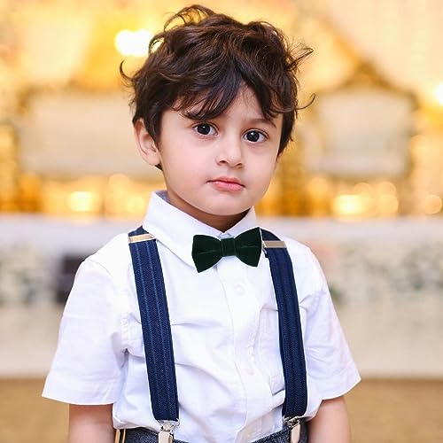 HOULIFE Velvet Bow Tie for Kid – Adjustable Pre-tied Bowtie for Boy Girls, Solid Colour Butterfly Bow Ties for Party Ball Banquet Wedding with Gift Box, Dark Green