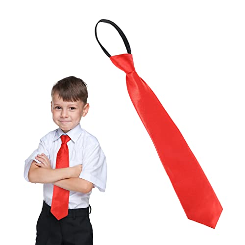 wlertcop 37CM Pre-Tied Kids Necktie, Boys Red Tie Kids Elasticated Satin Plain for Boys Girls Formal Tie for Wedding Graduation School Uniforms