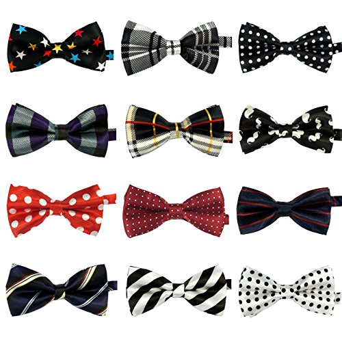 LilMents 12 Pack Boys Mixed Designs Adjustable Pre Tied Bow Necktie Tie Set (Set A)