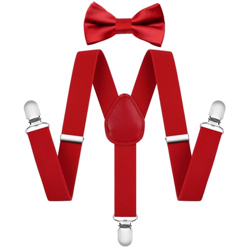 AOOWU Red Bow Tie and Suspender Set for Kids Boys Girls Child, Solid Color Bow Ties Boys Suspenders Y Shape with Clips Elastic Adjustable Toddler Brace for Halloween Christmas Wedding Party Cosplay
