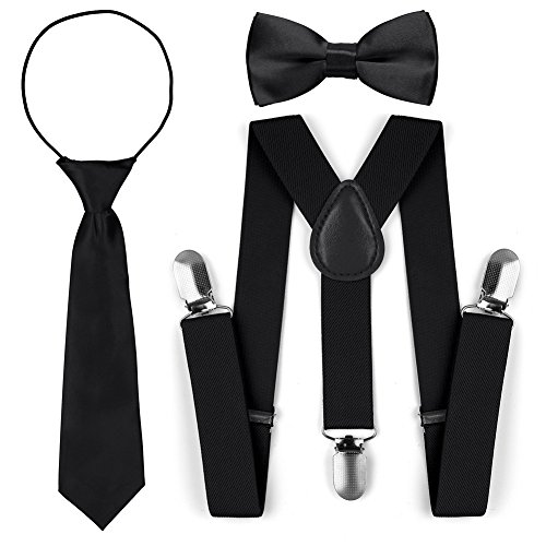Kids Toddler Adjustable Elastic Fashion Suspenders Bow Tie Necktie Set (Black)