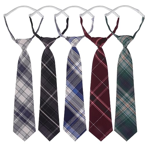Lusofie 5Pcs Pre-tied Boys Tie Plaid Ties Clip-on Neckties Adjustable Zipper Tie for Boys Kids Wedding Graduation School Uniform