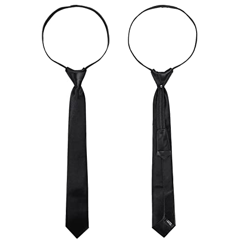 Yolev 2pc Black Zipper Tie for Kids Clip-on Neckties Solid Uniform Pre-tied Adjustable Neck Strap Tie for Wedding Graduation Suitable 7-11Year
