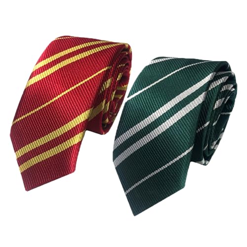 2Pcs Wizard School Tie Wizard Striped Tie for Party Costume, Potter Tie Cosplay Tie,Halloween Christmas Party Fancy Dress Costume Accessories-Tie School Uniform Neckties for Boys and Girls(Green/Red)