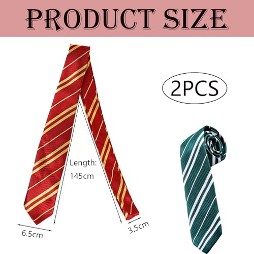 2Pcs Wizard School Tie Wizard Striped Tie for Party Costume, Potter Tie Cosplay Tie,Halloween Christmas Party Fancy Dress Costume Accessories-Tie School Uniform Neckties for Boys and Girls(Green/Red)