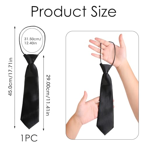 Pre Tied Kids Necktie, Elastic Boys Girls Neck Tie Satin Plain Black School Tie, Adjustable Uniform Tie Satin Plain Black Elastic Slim Ties Soft Polyester For Formal Occasions Graduations (11*3 Inch)