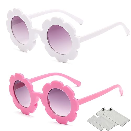 Yikki 2 Pairs Kids Sunglasses, Cute Round Flower Baby Sunglasses with Glasses Bag & Cloth, UV 400 Protection Flexible Frame for Girls Boys, Age 3-12 (White+Pink)