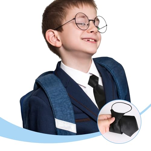 Pre Tied Kids Necktie, Elastic Boys Girls Neck Tie Satin Plain Black School Tie, Adjustable Uniform Tie Satin Plain Black Elastic Slim Ties Soft Polyester For Formal Occasions Graduations (11*3 Inch)