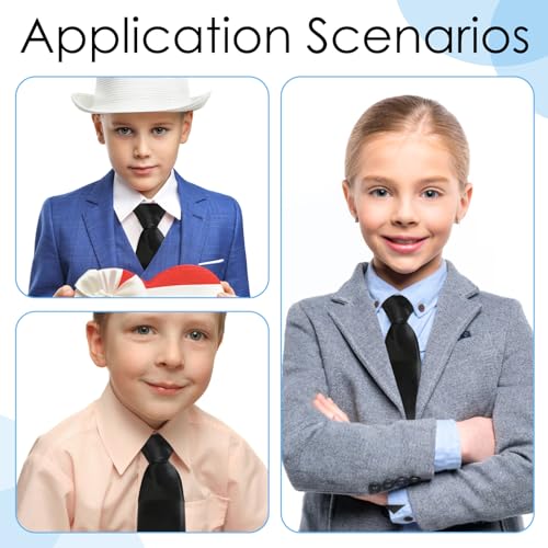 Pre Tied Kids Necktie, Elastic Boys Girls Neck Tie Satin Plain Black School Tie, Adjustable Uniform Tie Satin Plain Black Elastic Slim Ties Soft Polyester For Formal Occasions Graduations (11*3 Inch)
