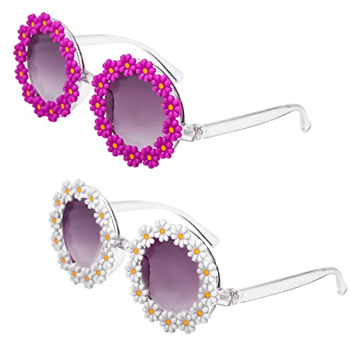 LUTER 2pcs Kids Flower Sunglasses, Colorful Daisy Sunglasses for Kids Round Flower Shape Sunglasses Kit for Girls Outdoors Party Beach Supplies (White, Purple)