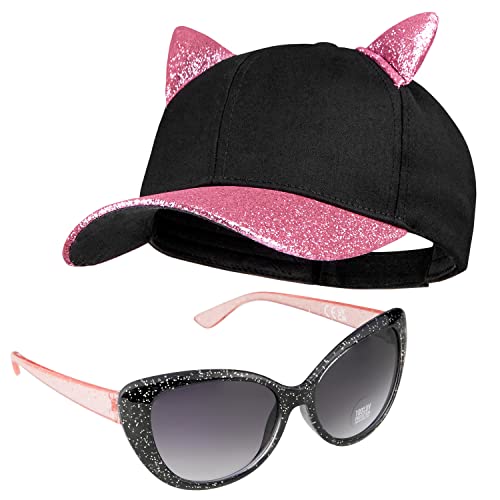 CityComfort Baseball Cap and Kids Sunglasses Set for Girls Glitter Sun Hat and UV Protection Girls Sunglasses Summer Accessories (Black/Pink)