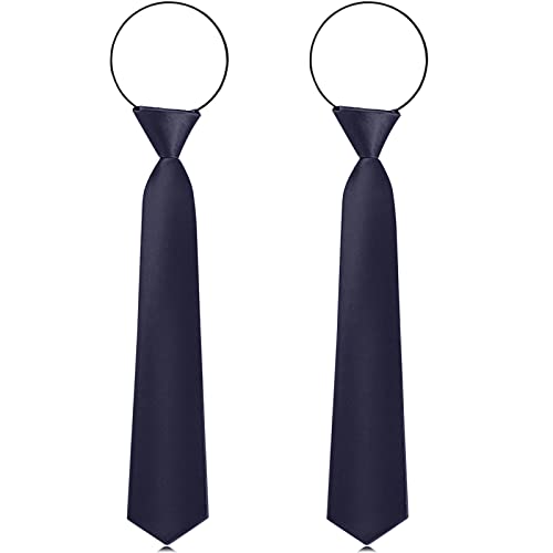 2 Pieces Kids Tie for Boys Solid Color Pre Tied Neckties Adjustable Zipper Tie Toddler Children Graduation School Uniform (Navy Blue)