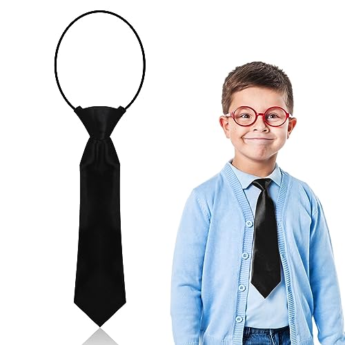 Pre Tied Kids Necktie in Satin Plain Black, Elasticated School Tie, One Size Children’s Tie for Boys, Girls, Formal Occasions, Weddings, Graduations & Uniforms, Comfortable Lightweight(11*3 Inch)