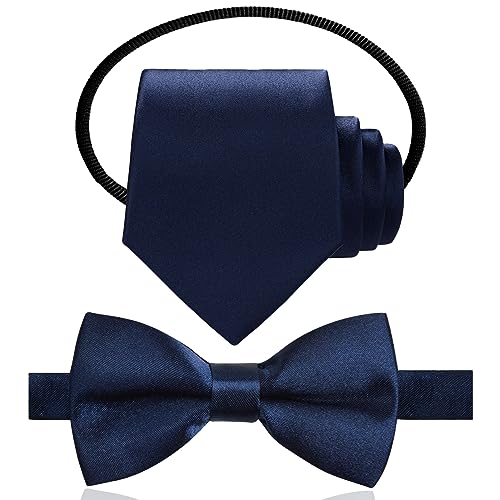 Kids Tie and Bow Tie Set, Satin Plain Coloured Childrens Elasticated Pre-Tied Ties for Wedding Birthday Party Fashion Accessory, Tuxedo Bowtie Bow Tie Set for Graduation School Uniforms