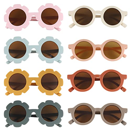 Dacitiery 8 Pcs Kids Sunglasses, Cute Sunflower Glasses, Round Sunglasses Colorful Kids Fashion Sunglasses Protection Flexible Frame for Boys and Girls Photo Props, Outdoor Sports