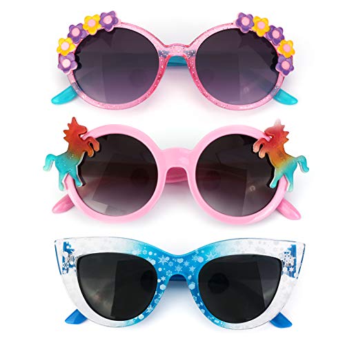 Hifot 3 Pieces Kids Sunglasses, Unicorn Round Shaped Snowflake Cute Party Dress up Glasses for Girls Boys Age 3-10