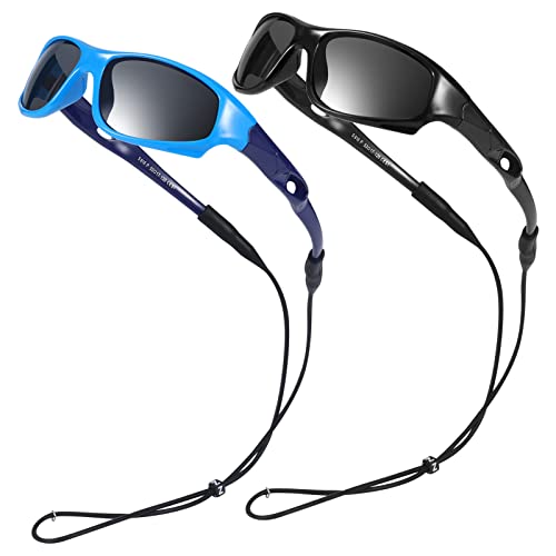 Firtink 2 Pair Kids Polarized Sunglasses Flexible Rubber Boy Sunglasses Protection Polarised Sunglasses With Glasses Strap For Kids Boys Girl Sports Hiking Riding