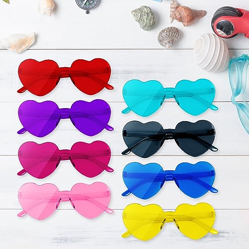 8PCS Heart Sunglasses Rimless for Girls Boys Women Men Kids Adults Birthday/Hen/Festival Party Glasses Fancy Dress Cosplay Costume Supplies, Kids' Party Eyewear Coloured Funky Sunglasses Heart Shaped