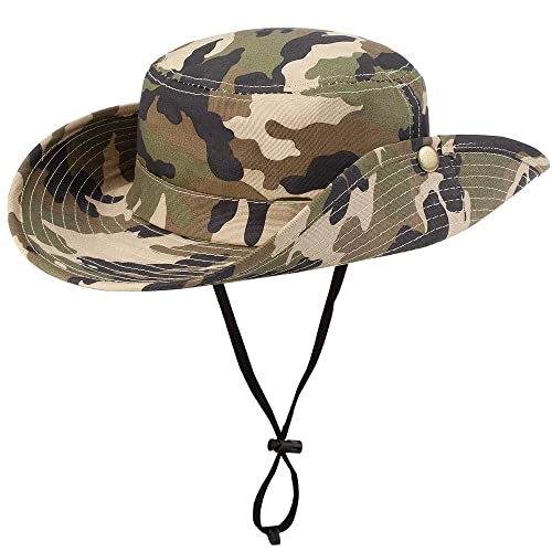 HilyBony Boys Camo Sun-Bucket-Hat Summer Outdoor Safari Fishing-Hat Boonie-Cap for Big Kids 5-15Yrs (54cm/Fit for 5-9 Years Old, Camo)