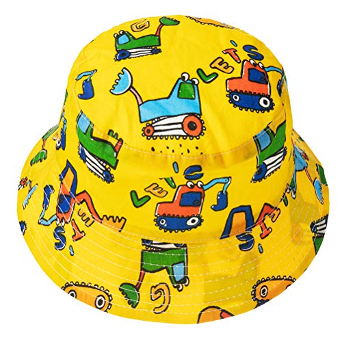 FUYAO Baby Sun Hat Kids Toddler Boys Beach Sun Protection Hat Summer Play Hats Adjustable Chin Strap Bucket Hat (Yellow Excavator, 2-4 Years)