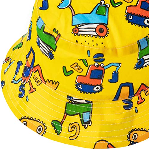 FUYAO Baby Sun Hat Kids Toddler Boys Beach Sun Protection Hat Summer Play Hats Adjustable Chin Strap Bucket Hat (Yellow Excavator, 2-4 Years)