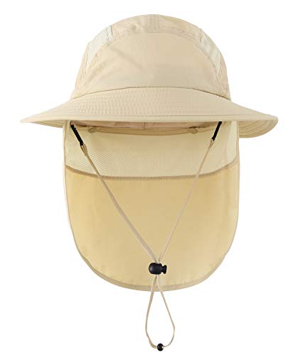 Decentron UPF 50+ Boys Sun Hat with Neck Flap Summer Beach Hat Kids Safari Hat (Light Khaki)