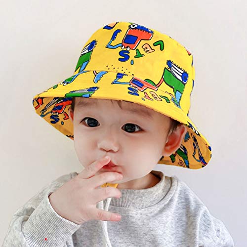 FUYAO Baby Sun Hat Kids Toddler Boys Beach Sun Protection Hat Summer Play Hats Adjustable Chin Strap Bucket Hat (Yellow Excavator, 2-4 Years)