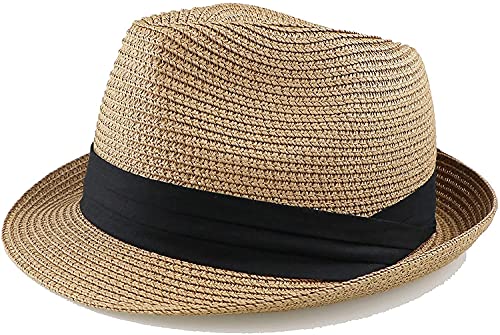 KorhLeoh Kids Fedora Straw Sun Beach Fedora Hat Floppy Short Brim for Boys Girls Khaki