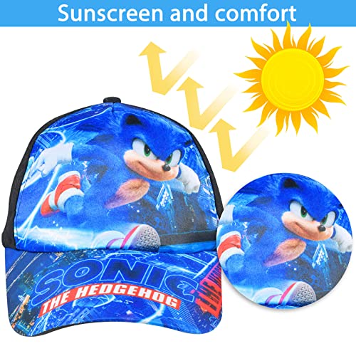 2pcs Sonic Baseball Hat, Kids Adjustable Baseball Hat, Sports Casual Breathable Hat in Cotton Sonic Theme Printing Baseball Hat for Kids Sunscreen Summer Running School Sport Beach Party Blue