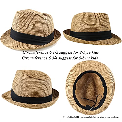 KorhLeoh Kids Fedora Straw Sun Beach Fedora Hat Floppy Short Brim for Boys Girls Khaki