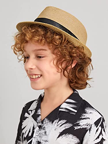 KorhLeoh Kids Fedora Straw Sun Beach Fedora Hat Floppy Short Brim for Boys Girls Khaki