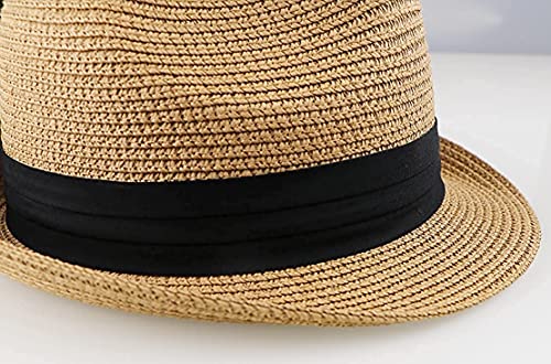 KorhLeoh Kids Fedora Straw Sun Beach Fedora Hat Floppy Short Brim for Boys Girls Khaki