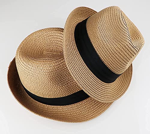 KorhLeoh Kids Fedora Straw Sun Beach Fedora Hat Floppy Short Brim for Boys Girls Khaki