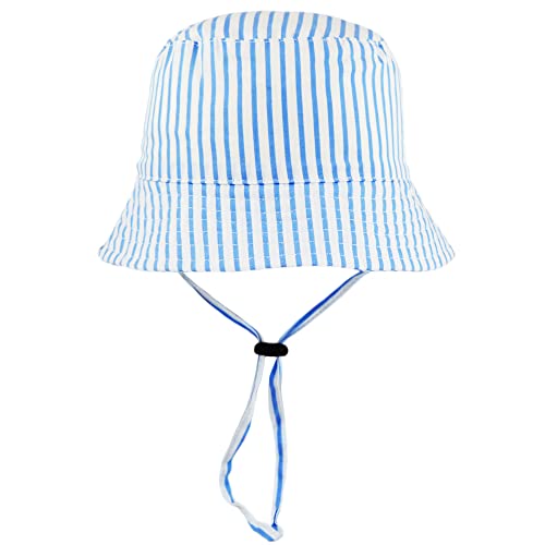 Faith & Sarah Kids Baby Sun Hat with Toggle Chin Strap- Boy or Girl Striped Baby Bucket Hats Blue 0-3 Months