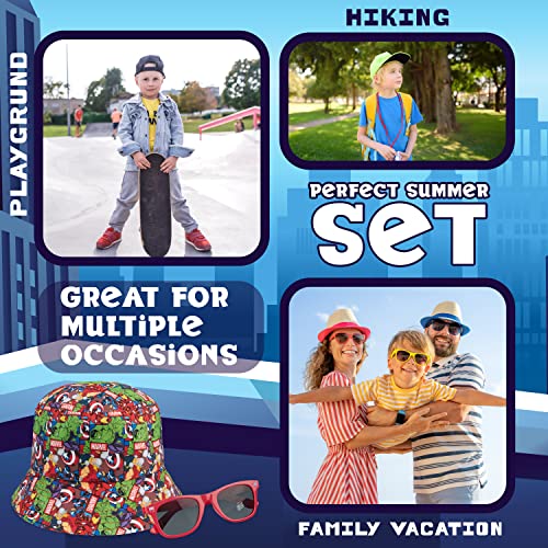 Marvel Bucket Hat and Kids Sunglasses Set for Boys Avengers Lightweight Sun Hat 100% UV Kids Sunglasses Boys Spiderman Holiday Summer Accessories Marvel Gifts for Boys (Multi Marvel)