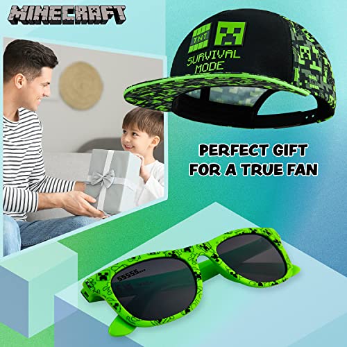 Minecraft Baseball Cap and Kids Sunglasses Set, Creeper Adjustable Boys Hat 100% UV Protection Kids Sunglasses Boys Holiday Accessories Gamer Gifts (Black/Green)