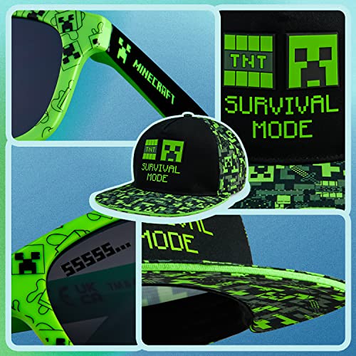 Minecraft Baseball Cap and Kids Sunglasses Set, Creeper Adjustable Boys Hat 100% UV Protection Kids Sunglasses Boys Holiday Accessories Gamer Gifts (Black/Green)