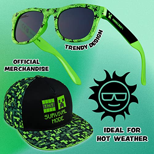 Minecraft Baseball Cap and Kids Sunglasses Set, Creeper Adjustable Boys Hat 100% UV Protection Kids Sunglasses Boys Holiday Accessories Gamer Gifts (Black/Green)