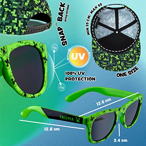 Minecraft Baseball Cap and Kids Sunglasses Set, Creeper Adjustable Boys Hat 100% UV Protection Kids Sunglasses Boys Holiday Accessories Gamer Gifts (Black/Green)
