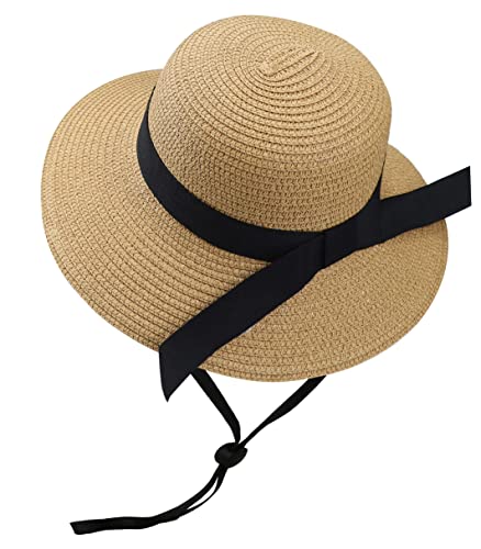 Girls Wide-Brim Straw Sun-Hat for Summer Beach with Bow, Khaki, 5-9 Years